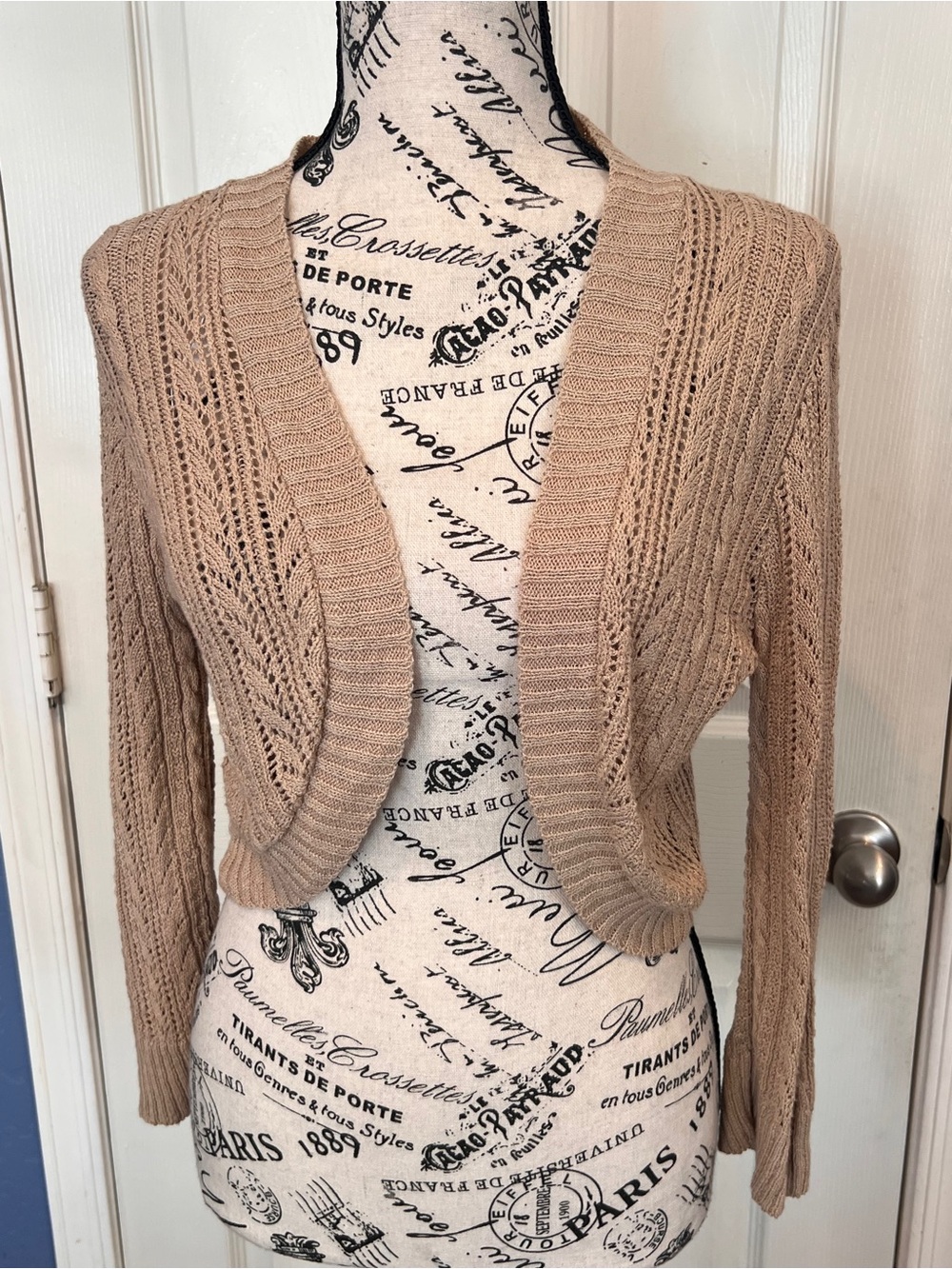 AMERICAN RAG Size L Tan Open Knit Cropped Bolero Shrug Cardigan Sweater Boho Y2K